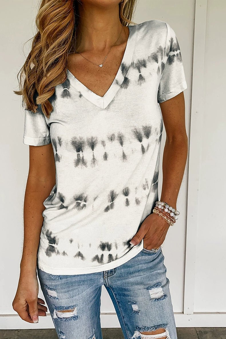 Tie - Dye Summer Silm V Neck Tops Print Short Sleeve T-shirt - Kaiju Mafia
