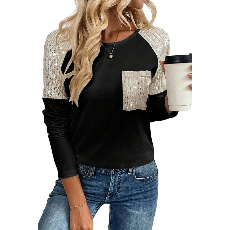 Fashion Sequin Stitching Black Long Sleeves T-shirt Women 2024 Fall and Winter New Versatile Long Sleeves Long Sleeves Pullover Tops Women - Kaiju Mafia