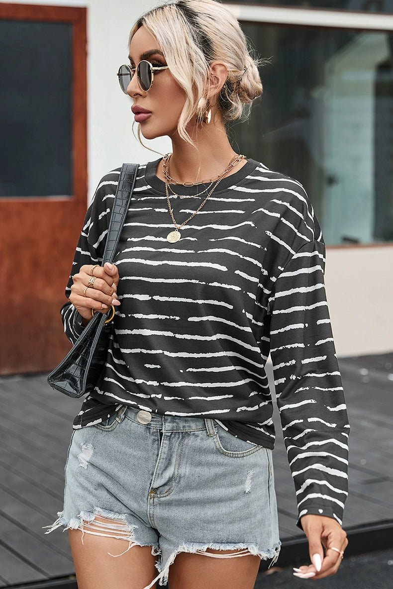 Stripes Thin Tops round Neck Pullover Long Sleeves T-shirt - Kaiju Mafia