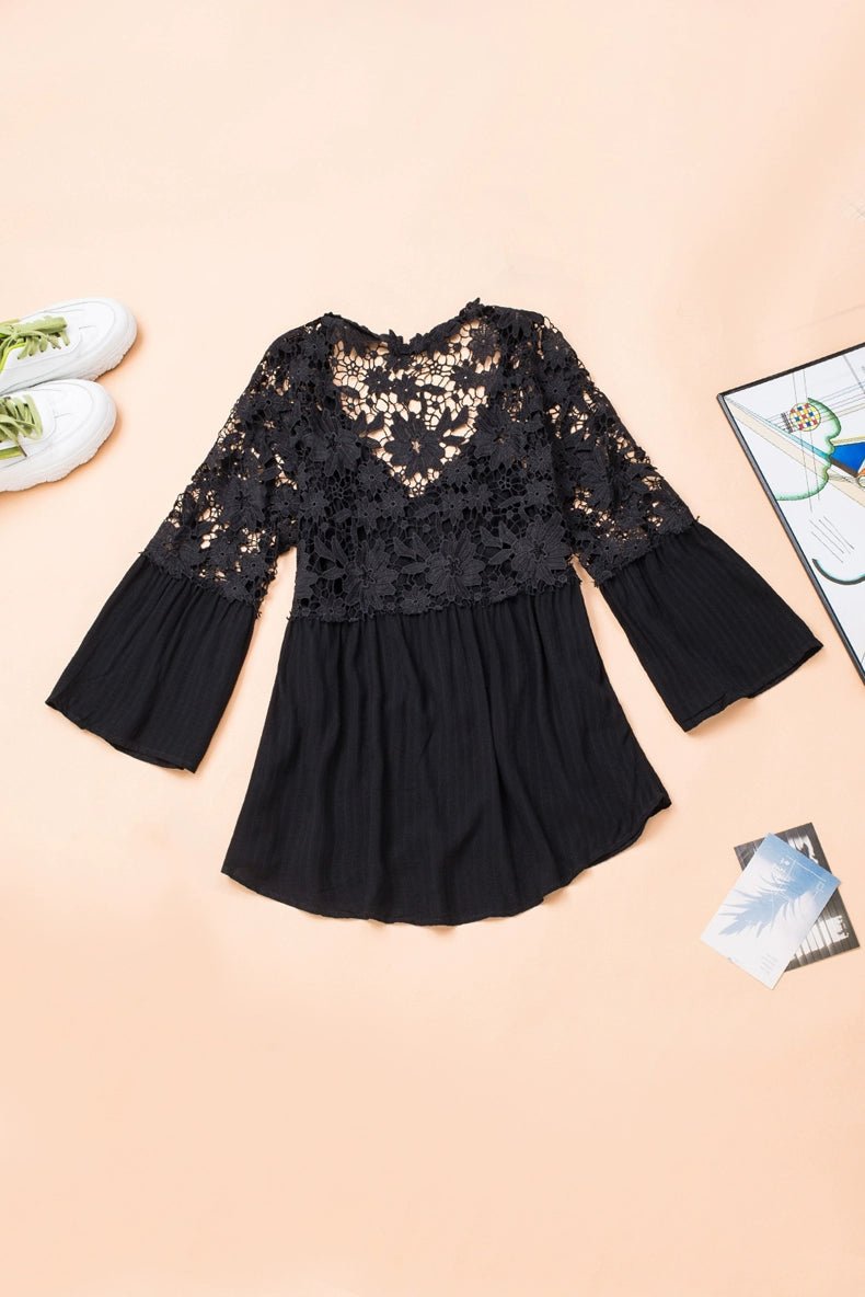 Fashion V Neck Chiffon Shirt Loose Long Sleeves Pullover Lace - Kaiju Mafia