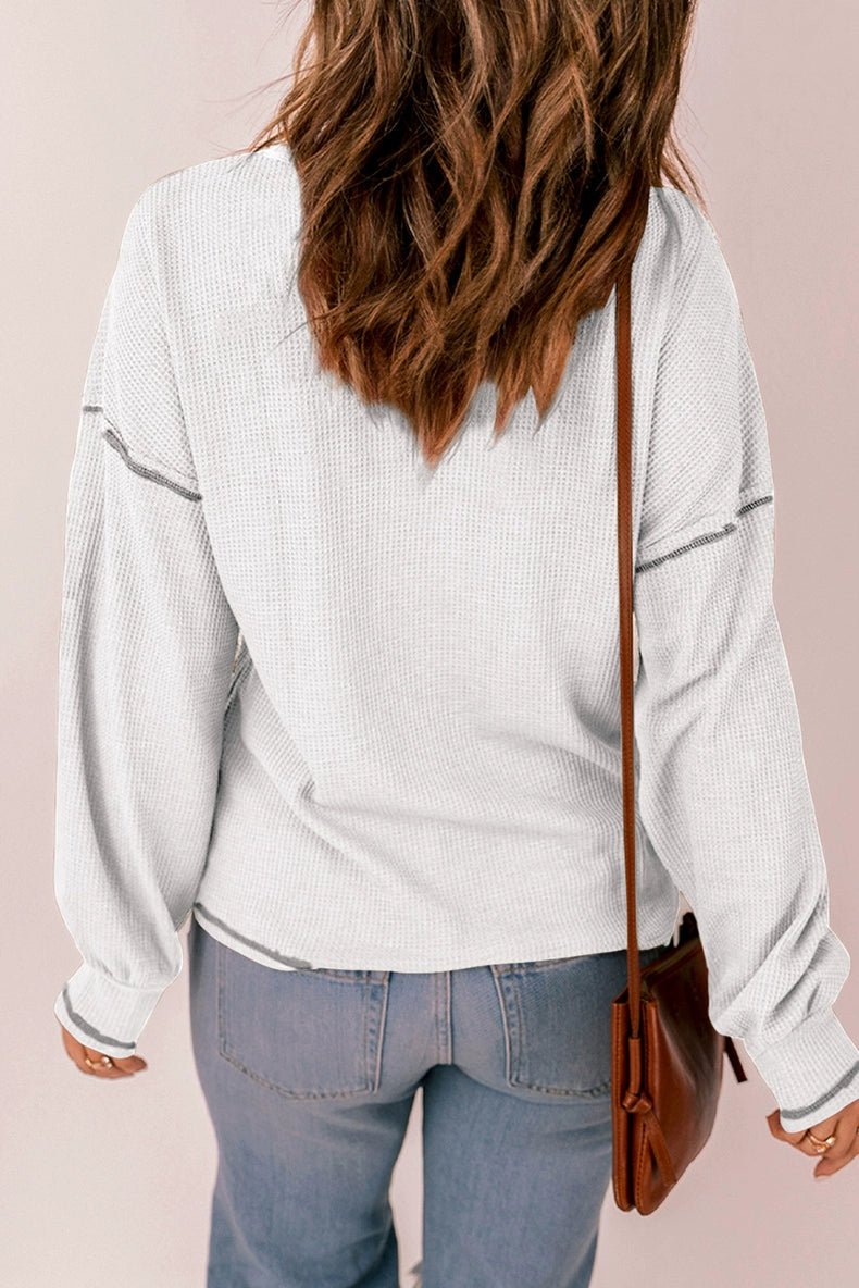 Spring New Arrival Pure Color Waffle Knitting T-shirt Female European and American Leisure Wind Pullover round Neck Long Sleeve Top Female - Kaiju Mafia