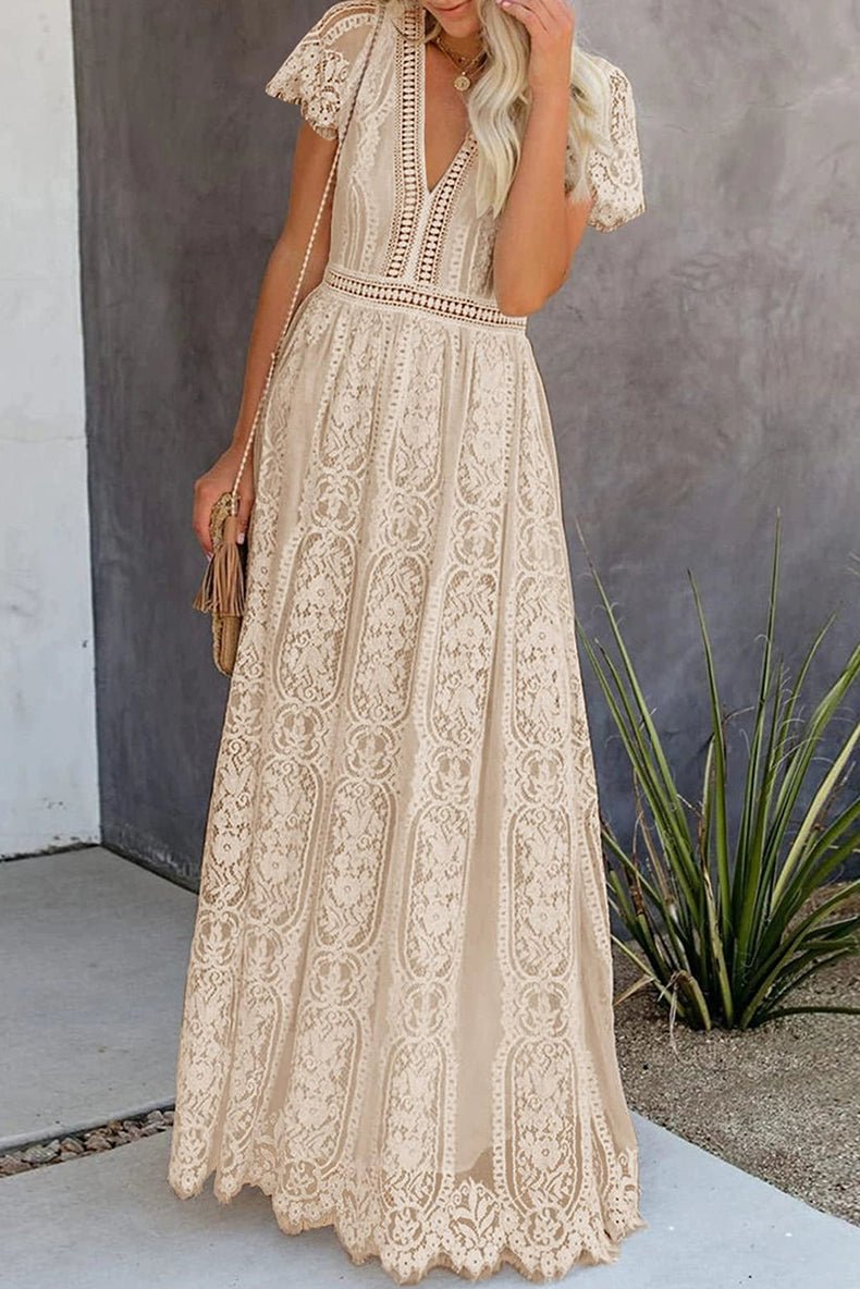 V Neck Fashion White Fairy Lace Dress Short Sleeve - Kaiju Mafia