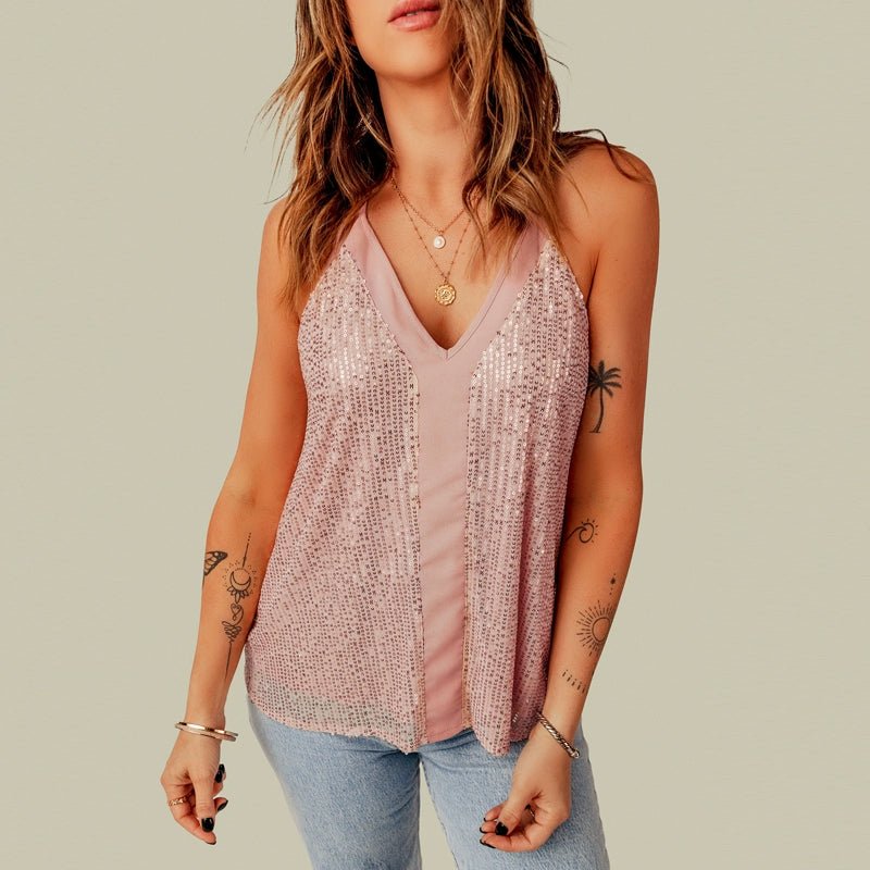 2024 Summer New Arrival Sequin Sling Vest Women Fashion Trendy Fashion All - Match Outwear V Neck Sleeveless Tops Women - Kaiju Mafia