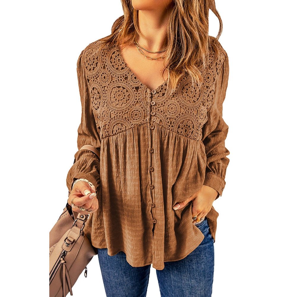Brown Lace Crochet Shirt - Fall 2024 Women&