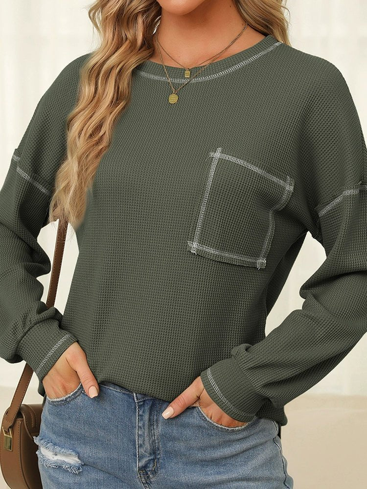 Spring New Arrival Pure Color Waffle Knitting T-shirt Female European and American Leisure Wind Pullover round Neck Long Sleeve Top Female - Kaiju Mafia