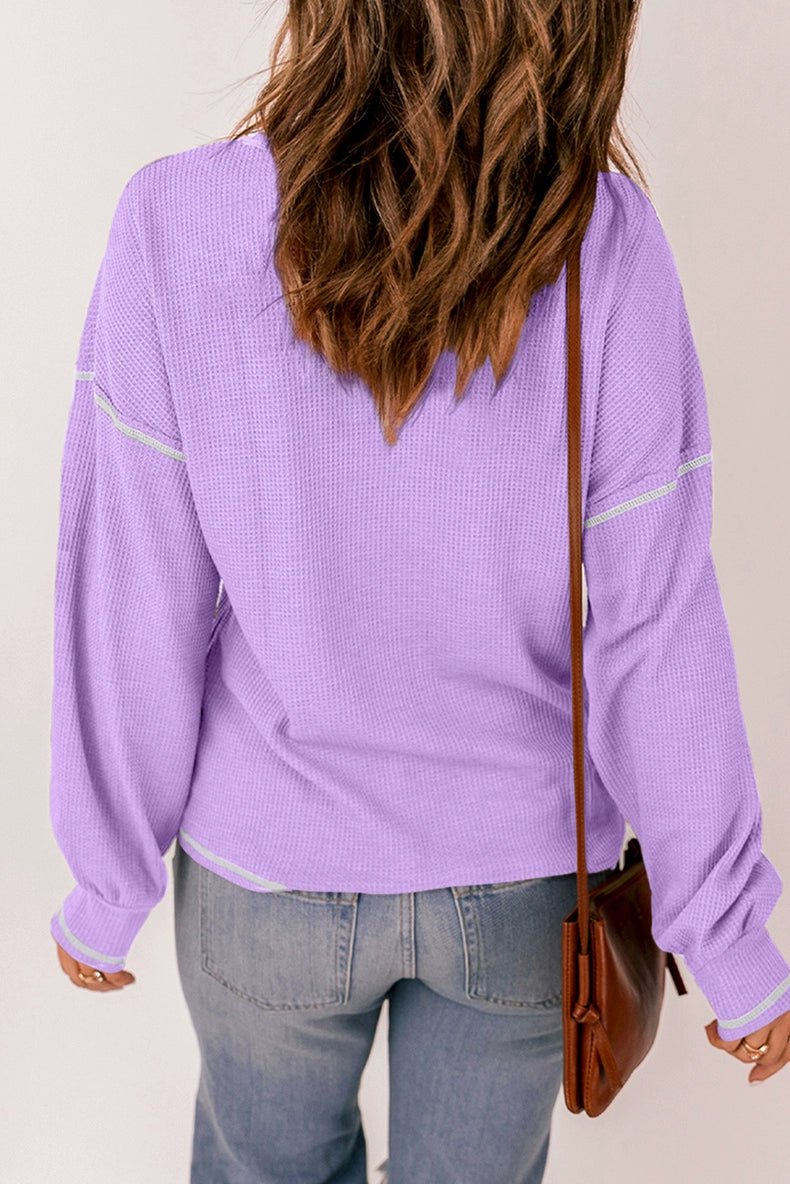 Spring New Arrival Pure Color Waffle Knitting T-shirt Female European and American Leisure Wind Pullover round Neck Long Sleeve Top Female - Kaiju Mafia