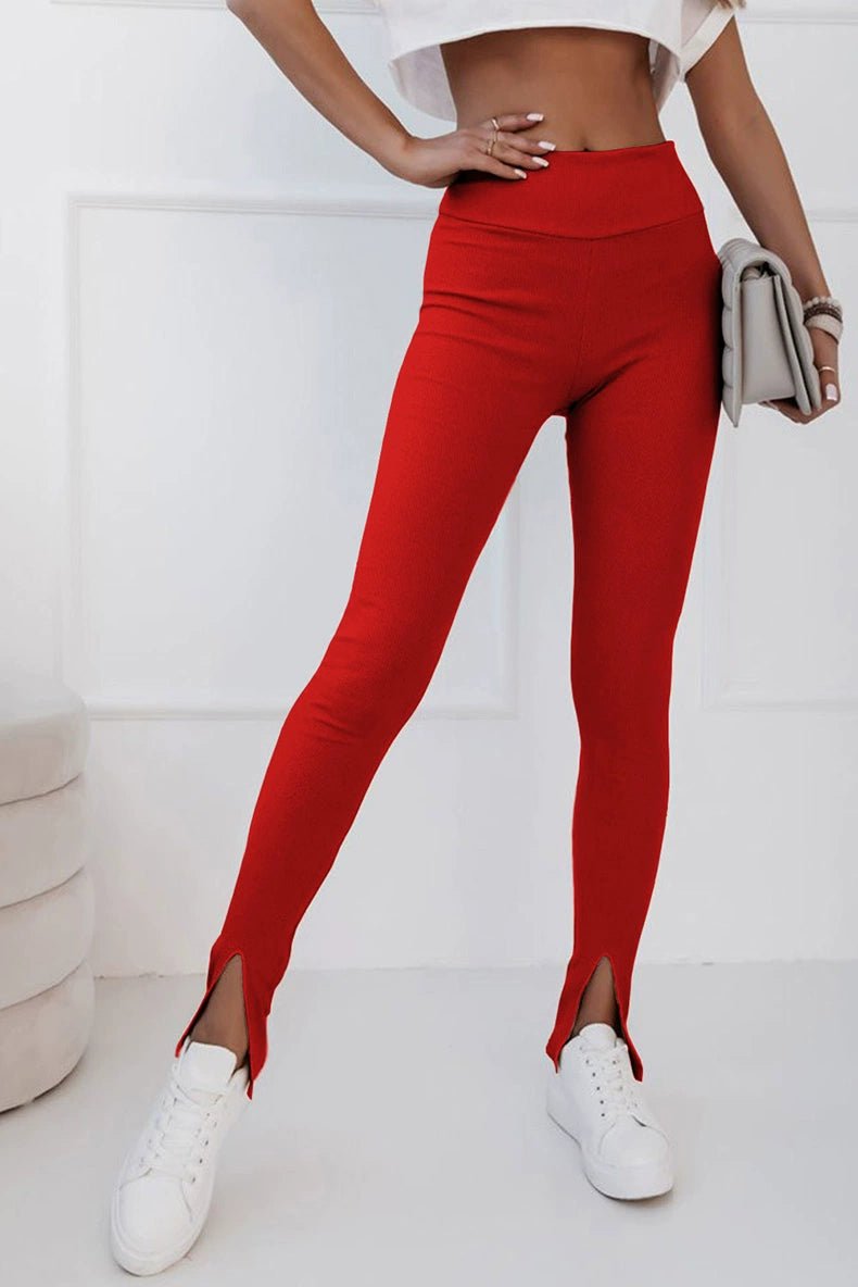 Fashion Wind Black Rib Knitting High Waist Slit Leggings Women 2024 Fall New Arrival Skinny Tappered Pants Women - Kaiju Mafia