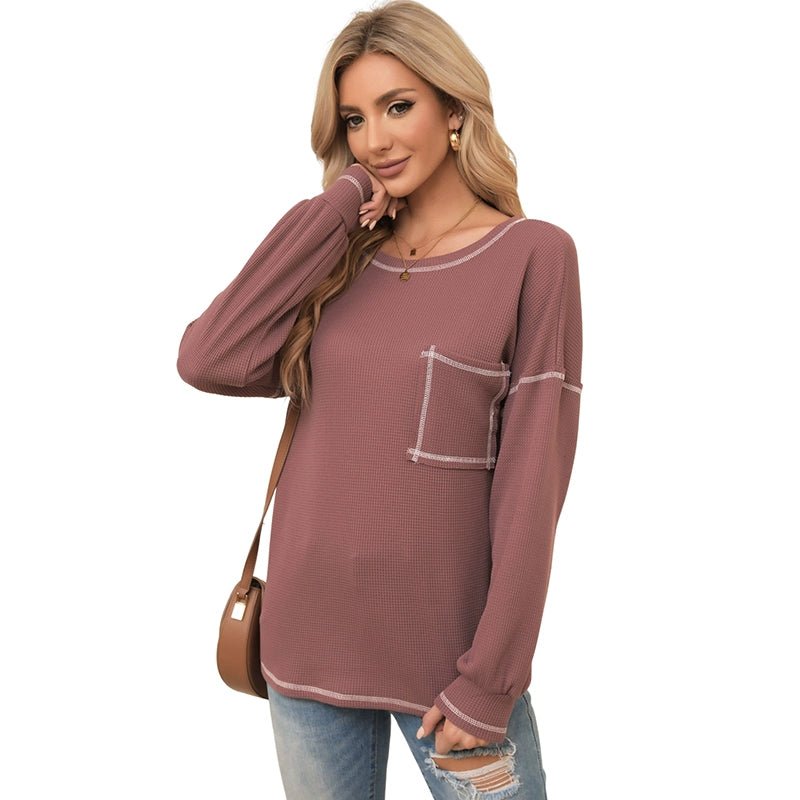 Spring New Arrival Pure Color Waffle Knitting T-shirt Female European and American Leisure Wind Pullover round Neck Long Sleeve Top Female - Kaiju Mafia
