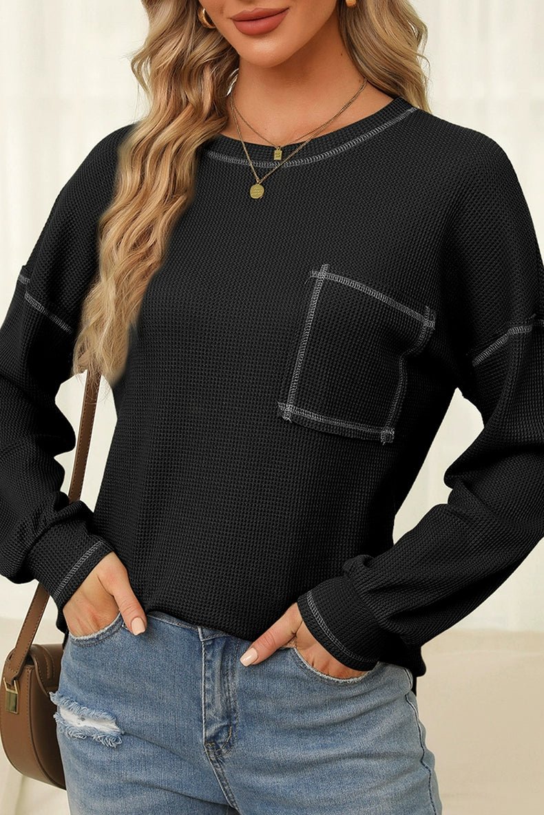 Spring New Arrival Pure Color Waffle Knitting T-shirt Female European and American Leisure Wind Pullover round Neck Long Sleeve Top Female - Kaiju Mafia