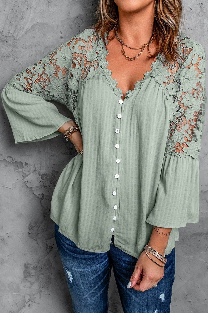 Fashion V Neck Chiffon Shirt Loose Long Sleeves Pullover Lace - Kaiju Mafia