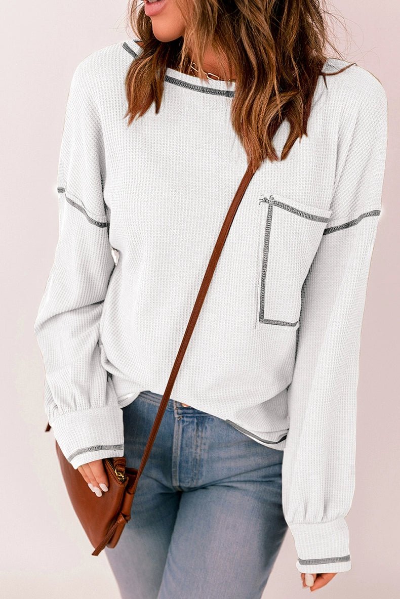 Spring New Arrival Pure Color Waffle Knitting T-shirt Female European and American Leisure Wind Pullover round Neck Long Sleeve Top Female - Kaiju Mafia