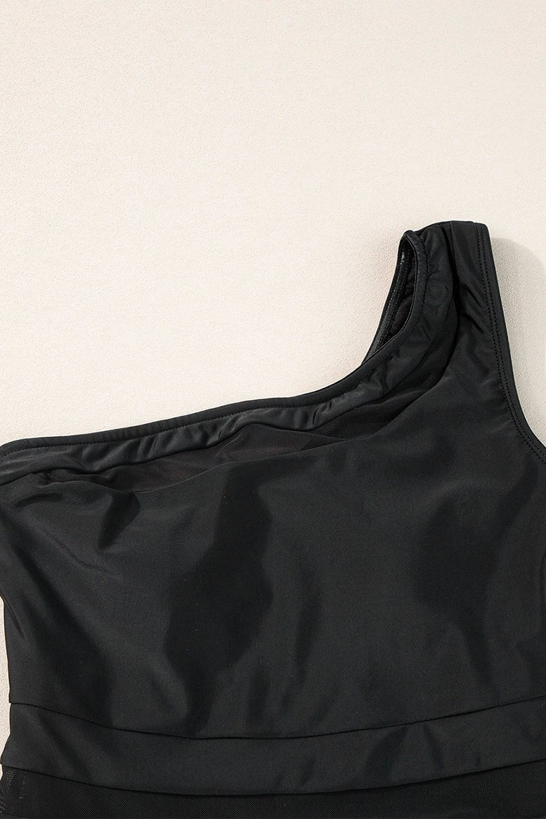 2024 Summer One - Shoulder Diagonal Collar One - Piece Swimsuit Female Fashion New Arrival Slim Cover Belly Mesh Patchwork Quick - Drying Swimwear - Kaiju Mafia