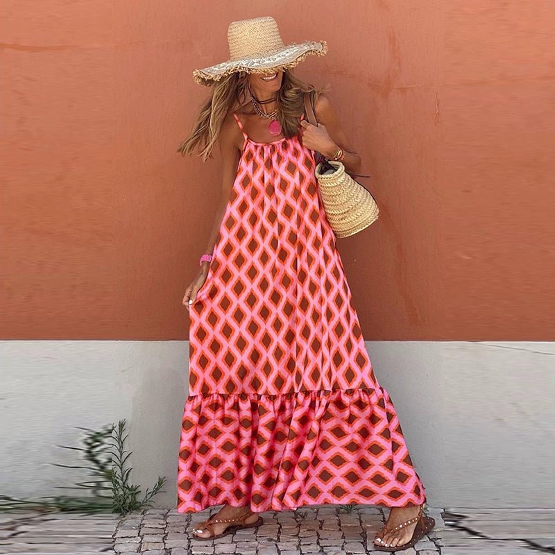 Fashion Geometric Print Sling Long Dress 2024 Summer New Arrival Loose Waist round Neck Sleeveless Thin Dress - Kaiju Mafia