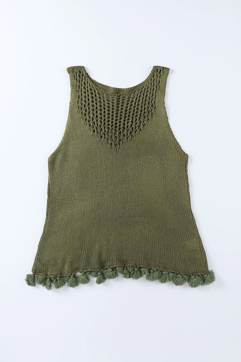 2024 Summer New Outdoor Cut Out Woolen Vest Female European and American Leisure Fashion Tassel round Neck Sleeveless Tops Female - Kaiju Mafia