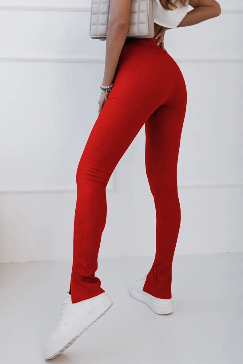 Fashion Wind Black Rib Knitting High Waist Slit Leggings Women 2024 Fall New Arrival Skinny Tappered Pants Women - Kaiju Mafia