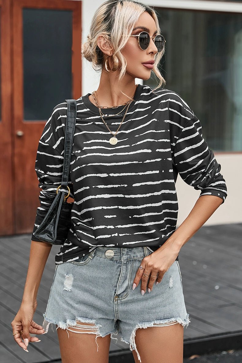 Stripes Thin Tops round Neck Pullover Long Sleeves T-shirt - Kaiju Mafia