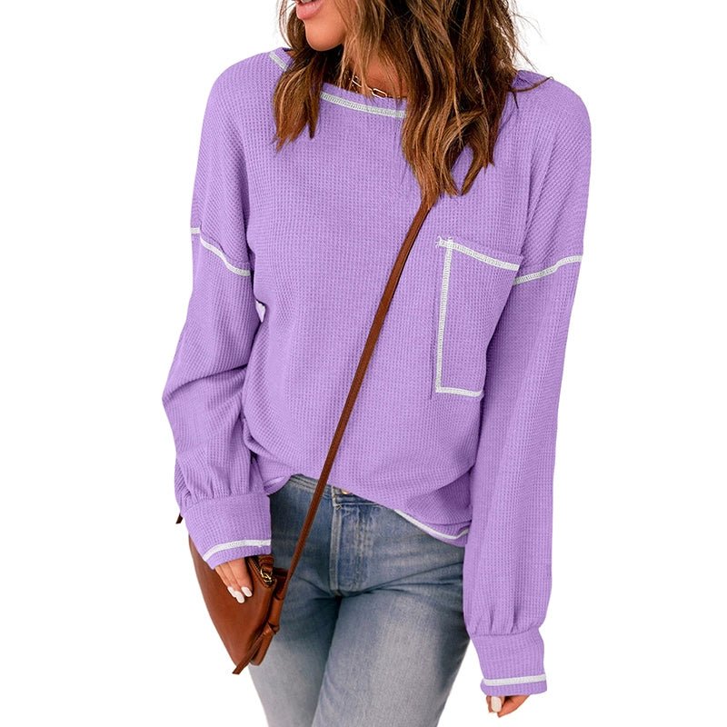 Spring New Arrival Pure Color Waffle Knitting T-shirt Female European and American Leisure Wind Pullover round Neck Long Sleeve Top Female - Kaiju Mafia