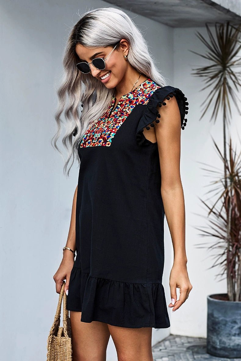 Summer Short Sleeve Fashion Bohemia Knee - Length Skirt Embroider - Kaiju Mafia