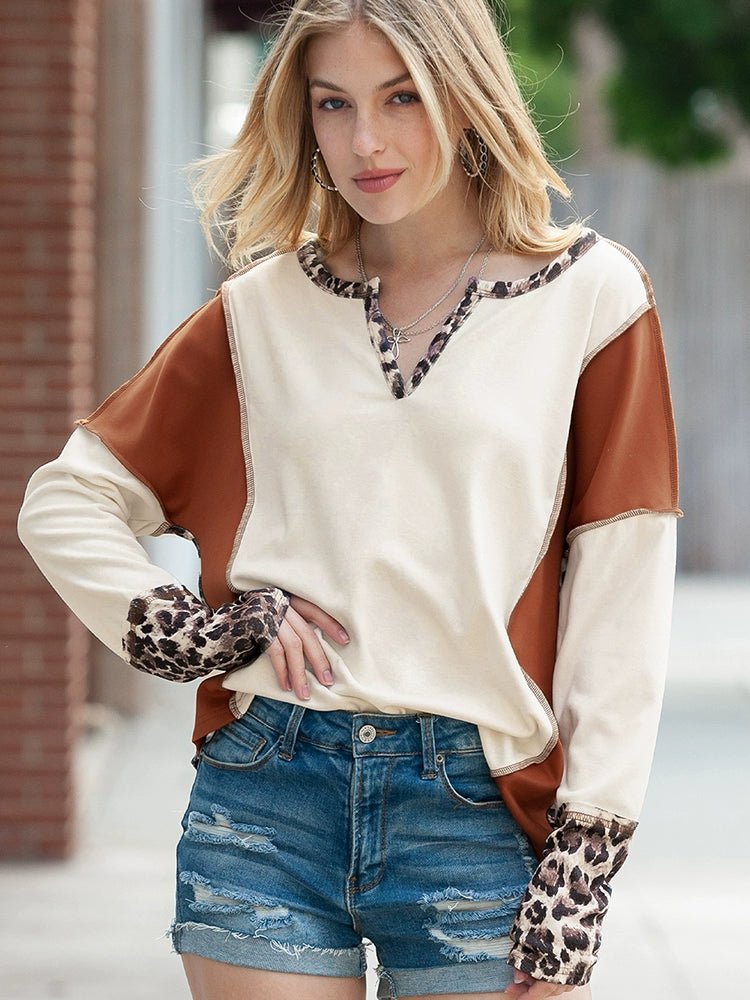 Fashion Leopard Print Stitching Long Sleeve T-shirt Women 2024 Spring & Fall New V - neck Pullover Women Casual Pullover Tops - Kaiju Mafia