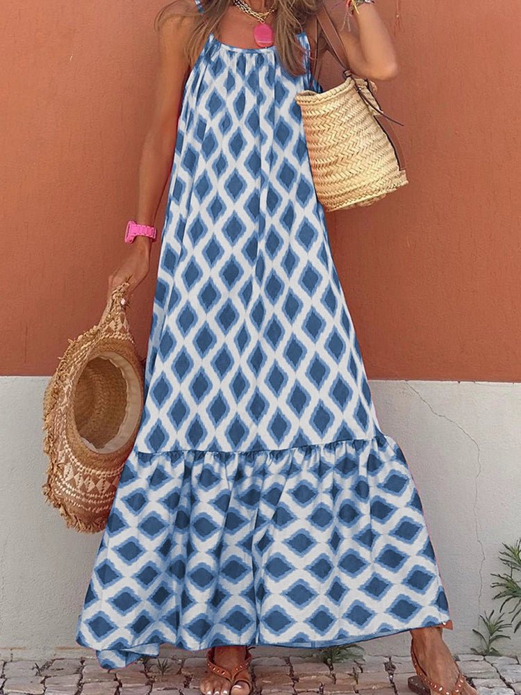 Fashion Geometric Print Sling Long Dress 2024 Summer New Arrival Loose Waist round Neck Sleeveless Thin Dress - Kaiju Mafia