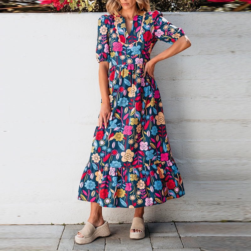 Fashion Short Sleeve Dress Summer Slimming Florals Print - Kaiju Mafia