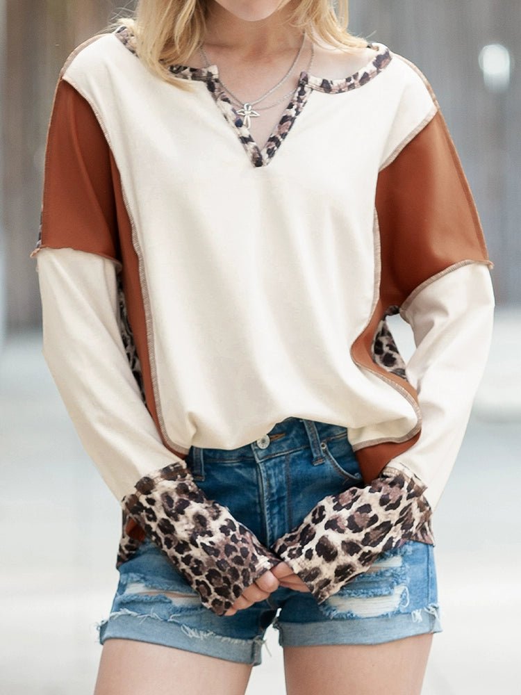 Fashion Leopard Print Stitching Long Sleeve T-shirt Women 2024 Spring & Fall New V - neck Pullover Women Casual Pullover Tops - Kaiju Mafia