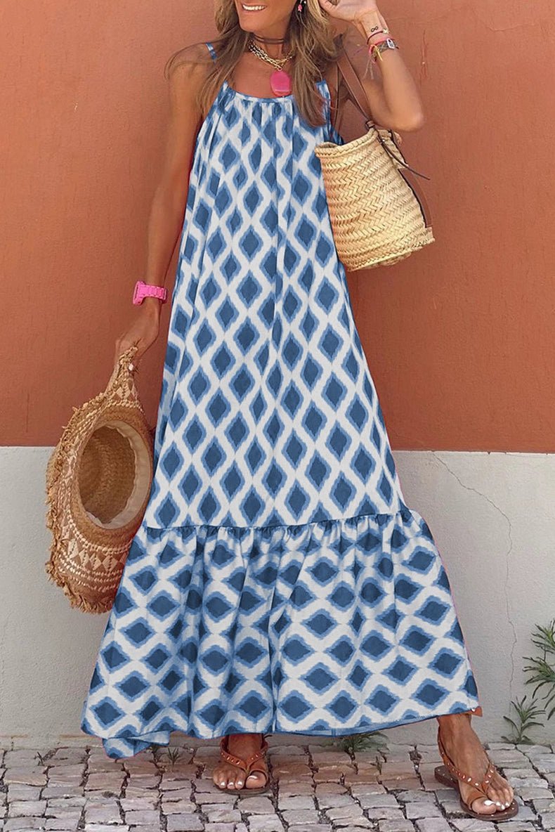 Fashion Geometric Print Sling Long Dress 2024 Summer New Arrival Loose Waist round Neck Sleeveless Thin Dress - Kaiju Mafia