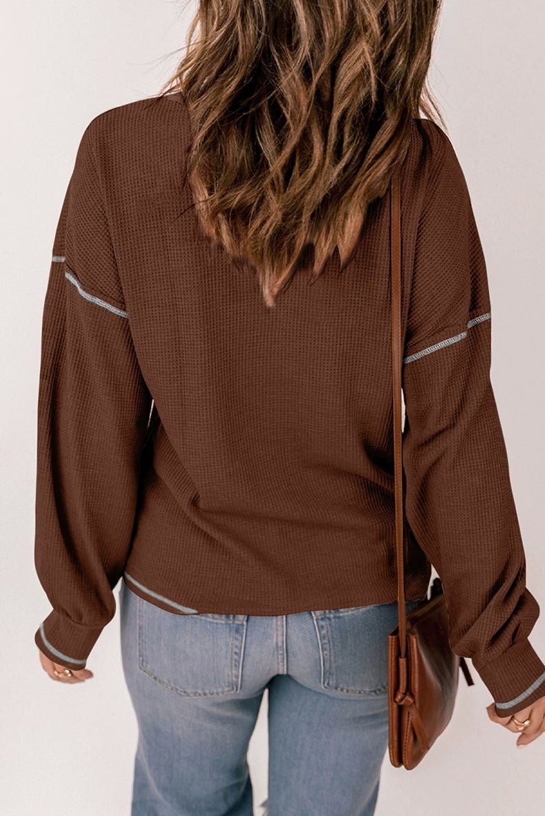 Spring New Arrival Pure Color Waffle Knitting T-shirt Female European and American Leisure Wind Pullover round Neck Long Sleeve Top Female - Kaiju Mafia