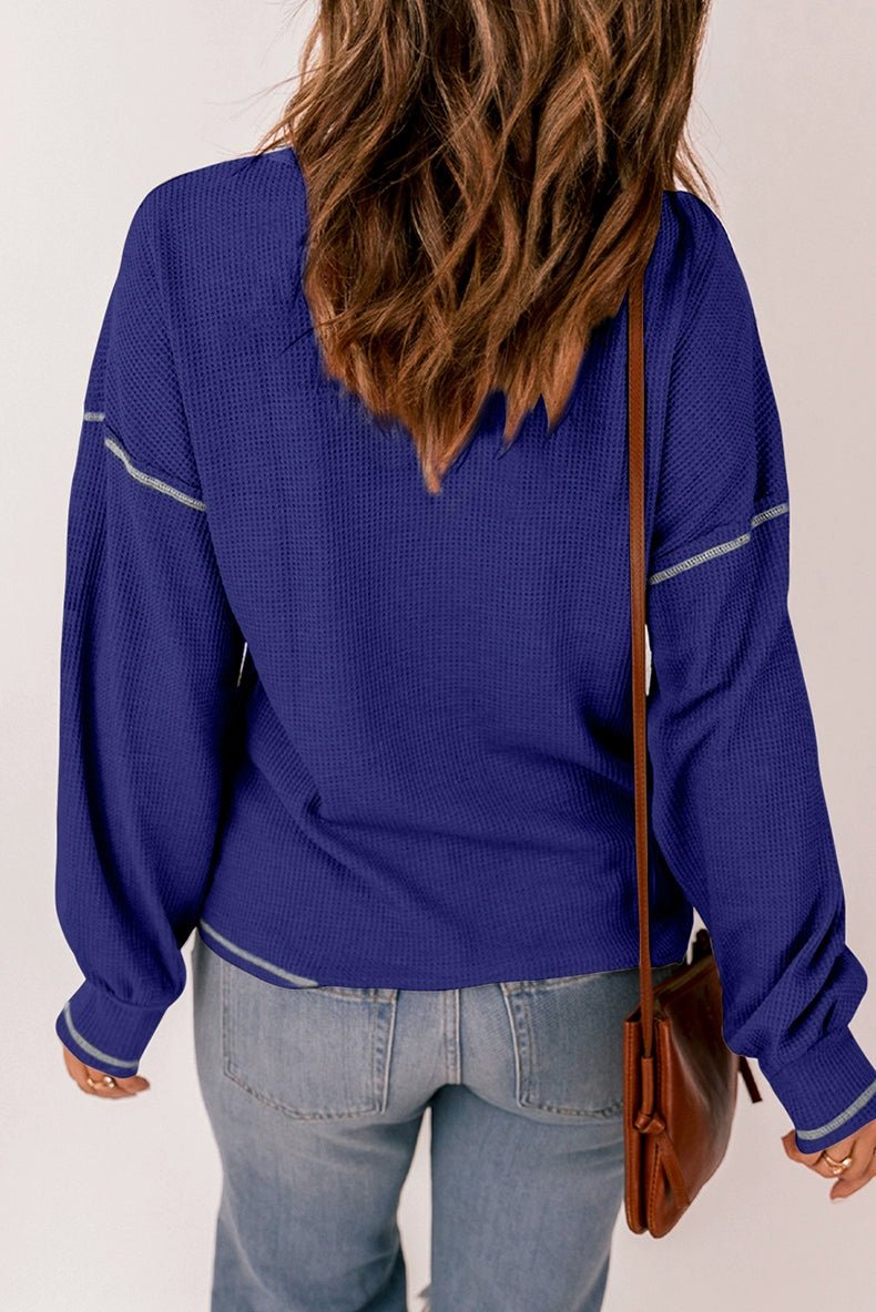 Spring New Arrival Pure Color Waffle Knitting T-shirt Female European and American Leisure Wind Pullover round Neck Long Sleeve Top Female - Kaiju Mafia