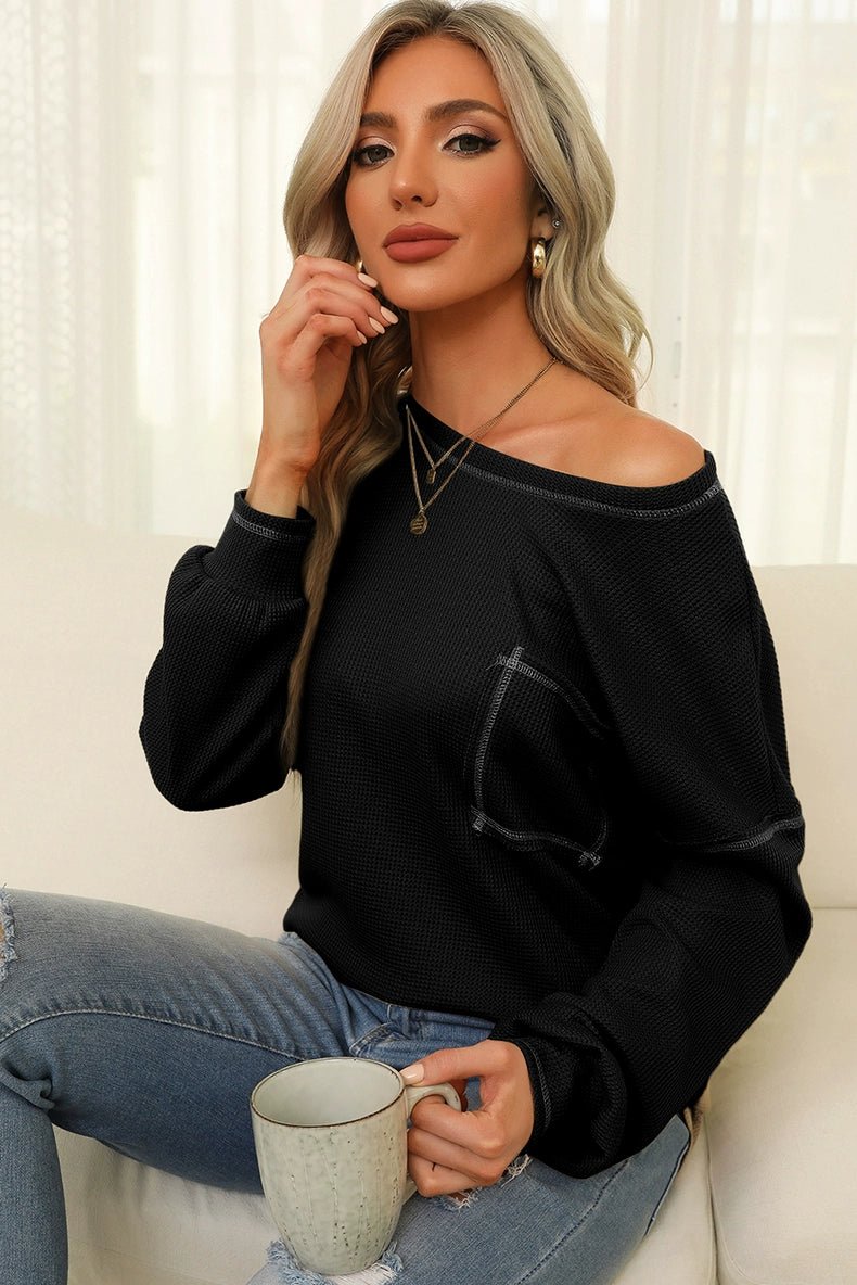 Spring New Arrival Pure Color Waffle Knitting T-shirt Female European and American Leisure Wind Pullover round Neck Long Sleeve Top Female - Kaiju Mafia