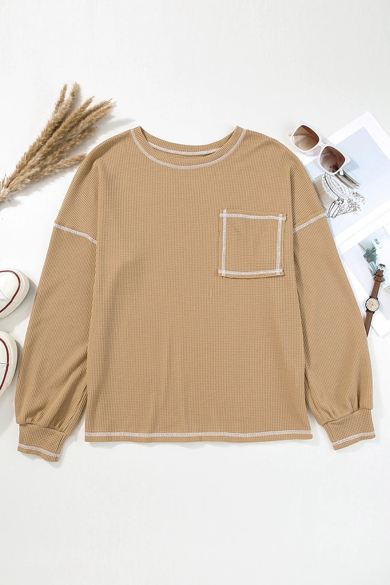 Spring New Arrival Pure Color Waffle Knitting T-shirt Female European and American Leisure Wind Pullover round Neck Long Sleeve Top Female - Kaiju Mafia
