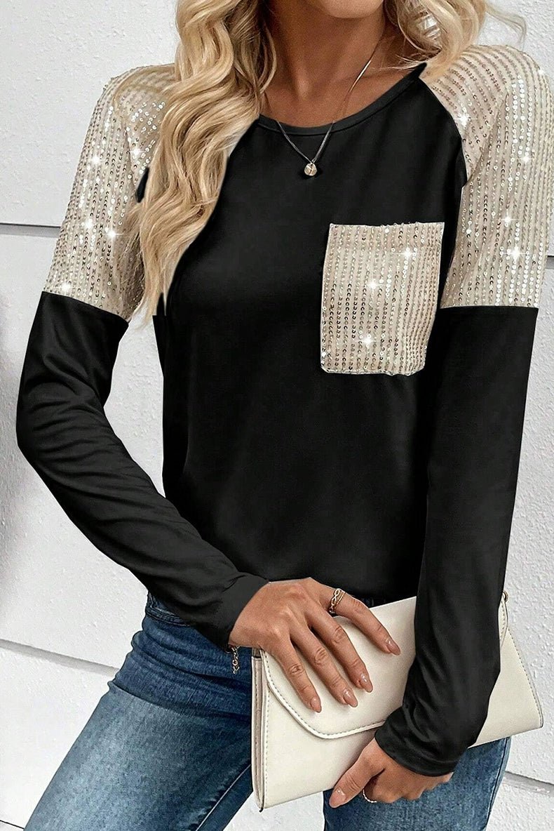 Fashion Sequin Stitching Black Long Sleeves T-shirt Women 2024 Fall and Winter New Versatile Long Sleeves Long Sleeves Pullover Tops Women - Kaiju Mafia