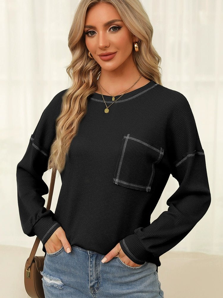 Spring New Arrival Pure Color Waffle Knitting T-shirt Female European and American Leisure Wind Pullover round Neck Long Sleeve Top Female - Kaiju Mafia