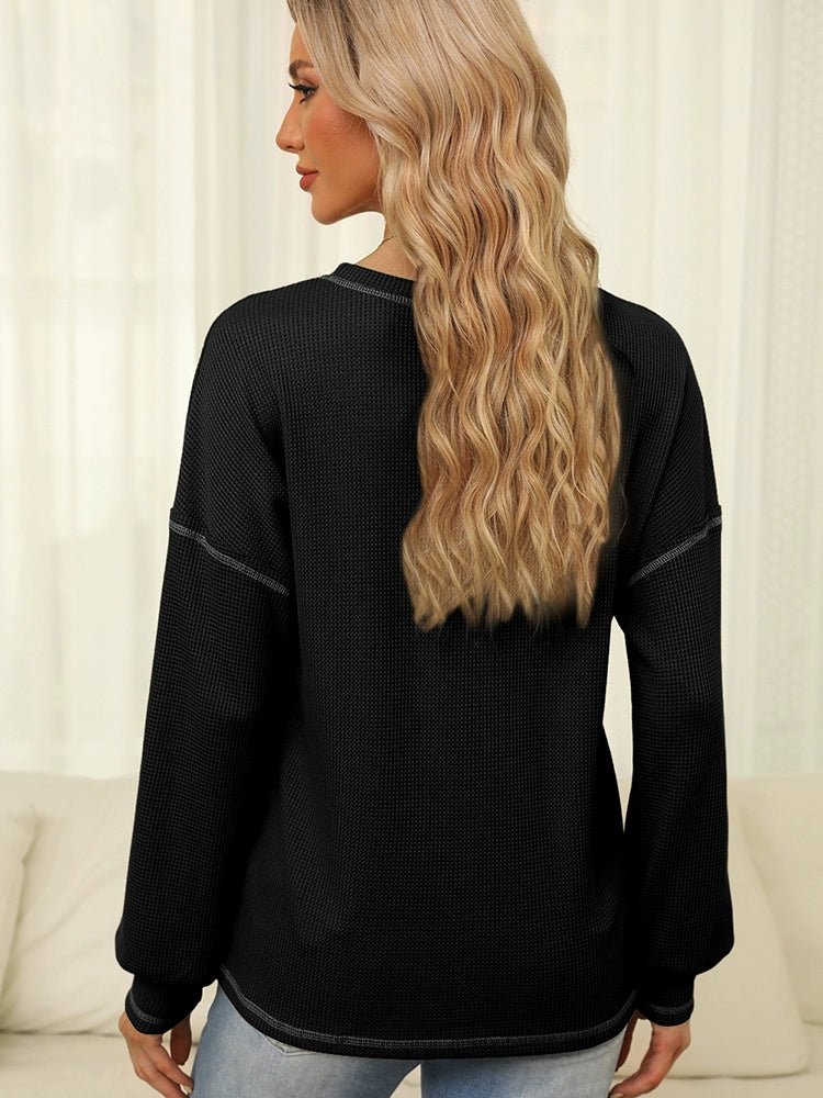 Spring New Arrival Pure Color Waffle Knitting T-shirt Female European and American Leisure Wind Pullover round Neck Long Sleeve Top Female - Kaiju Mafia