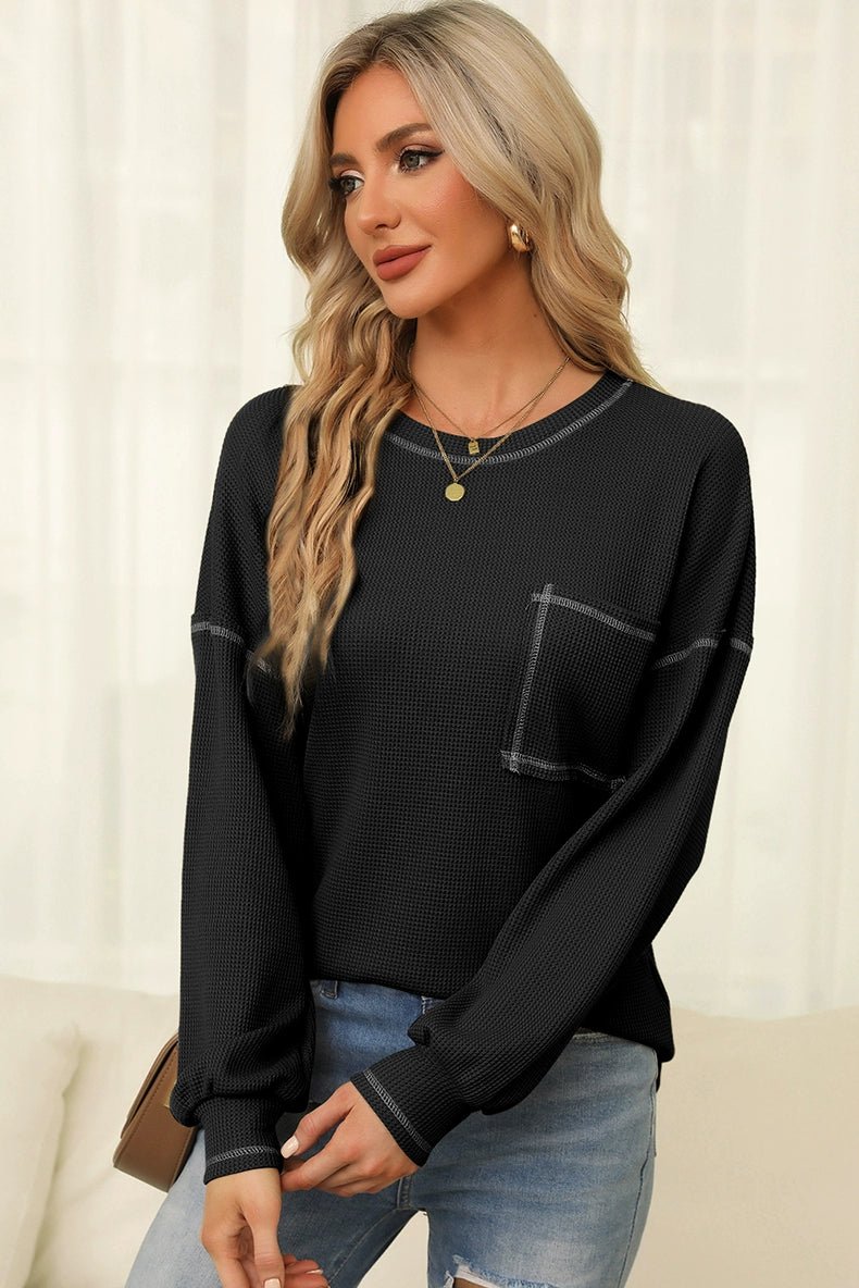 Spring New Arrival Pure Color Waffle Knitting T-shirt Female European and American Leisure Wind Pullover round Neck Long Sleeve Top Female - Kaiju Mafia