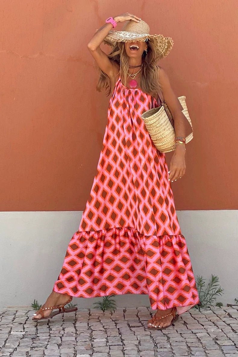 Fashion Geometric Print Sling Long Dress 2024 Summer New Arrival Loose Waist round Neck Sleeveless Thin Dress - Kaiju Mafia