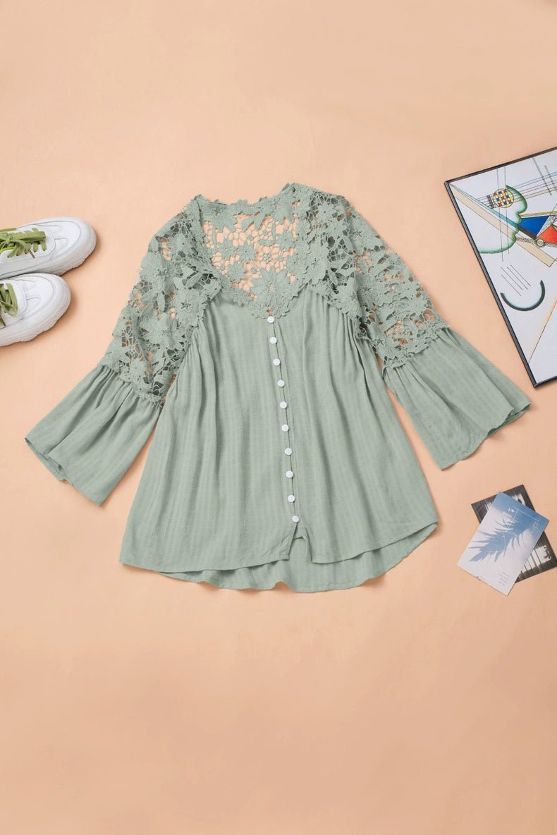 Fashion V Neck Chiffon Shirt Loose Long Sleeves Pullover Lace - Kaiju Mafia