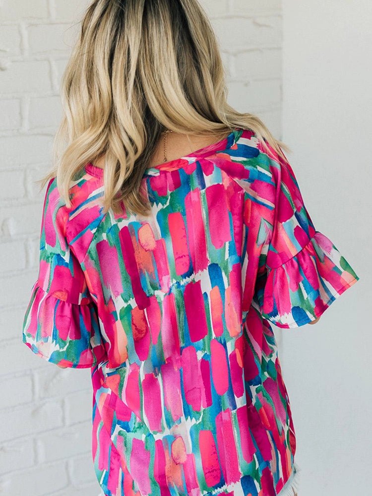 Fashion Abstract Stroke Print Short - Sleeved Chiffon Shirt Tops Women&