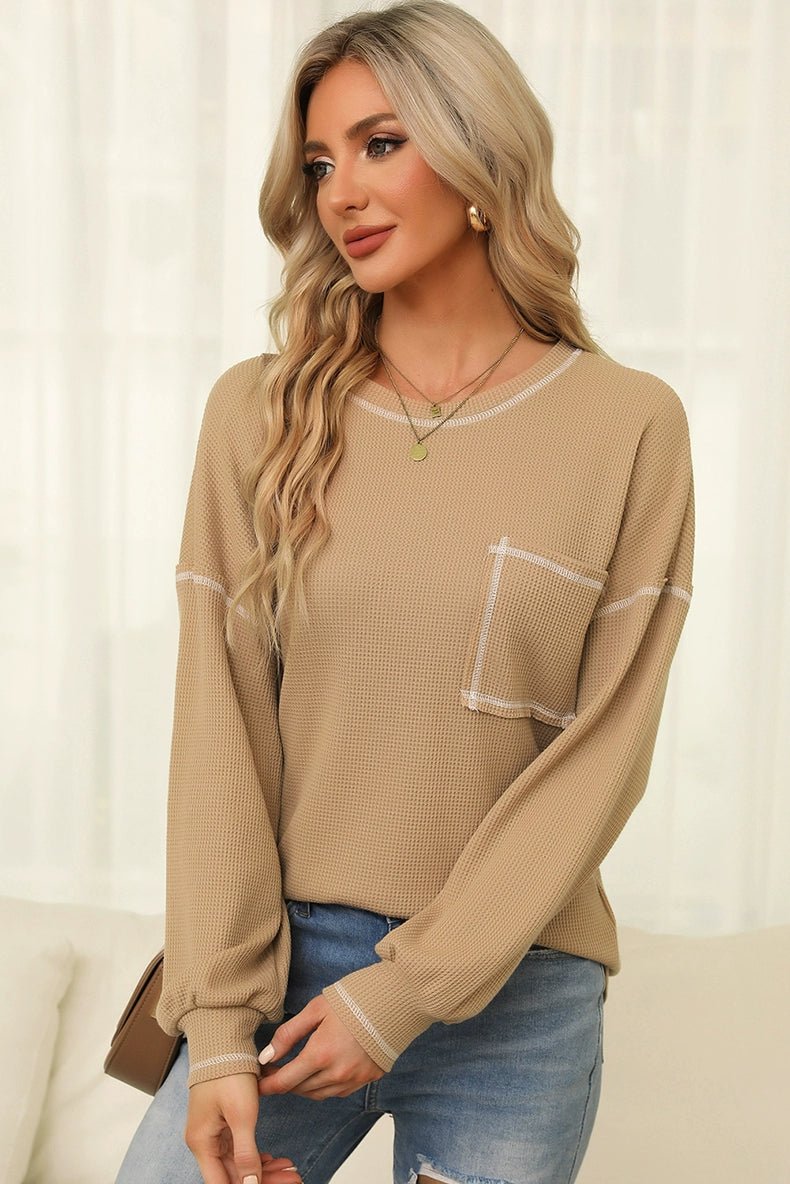 Spring New Arrival Pure Color Waffle Knitting T-shirt Female European and American Leisure Wind Pullover round Neck Long Sleeve Top Female - Kaiju Mafia