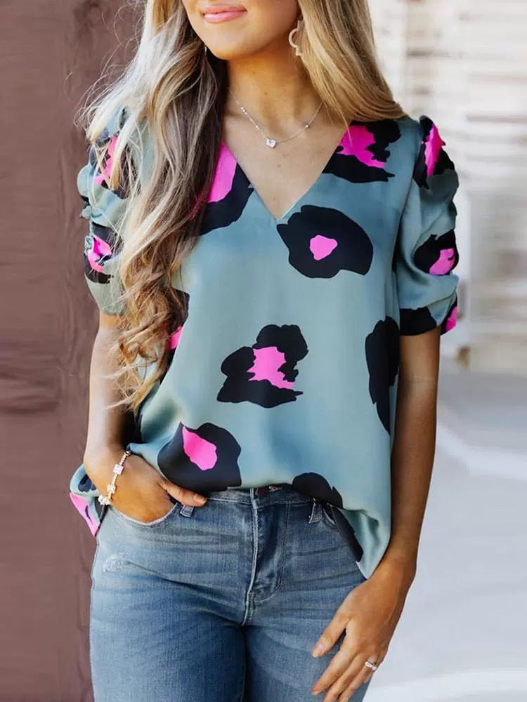 Leopard Print Fashion V Neck Pullover Print Short Sleeve T-shirt - Kaiju Mafia