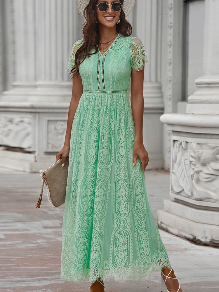 V Neck Fashion White Fairy Lace Dress Short Sleeve - Kaiju Mafia