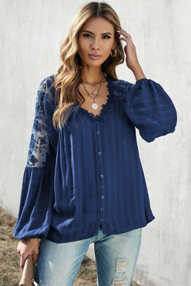 Fashion V Neck Chiffon Shirt Loose Long Sleeves Pullover Lace - Kaiju Mafia