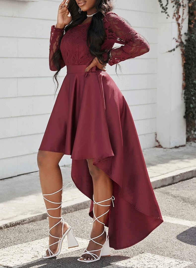 Dilamon Fall and Winter New round Neck Long Sleeves Lace Lace Dovetail Satin Prom Party Dress Dress Long Dress - Kaiju Mafia