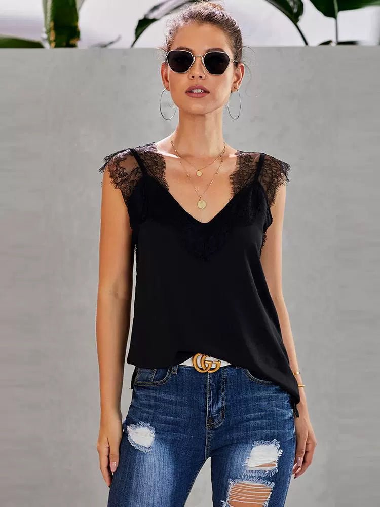 V Neck Loose Black Sleeveless Bottoming Top Lace - Kaiju Mafia