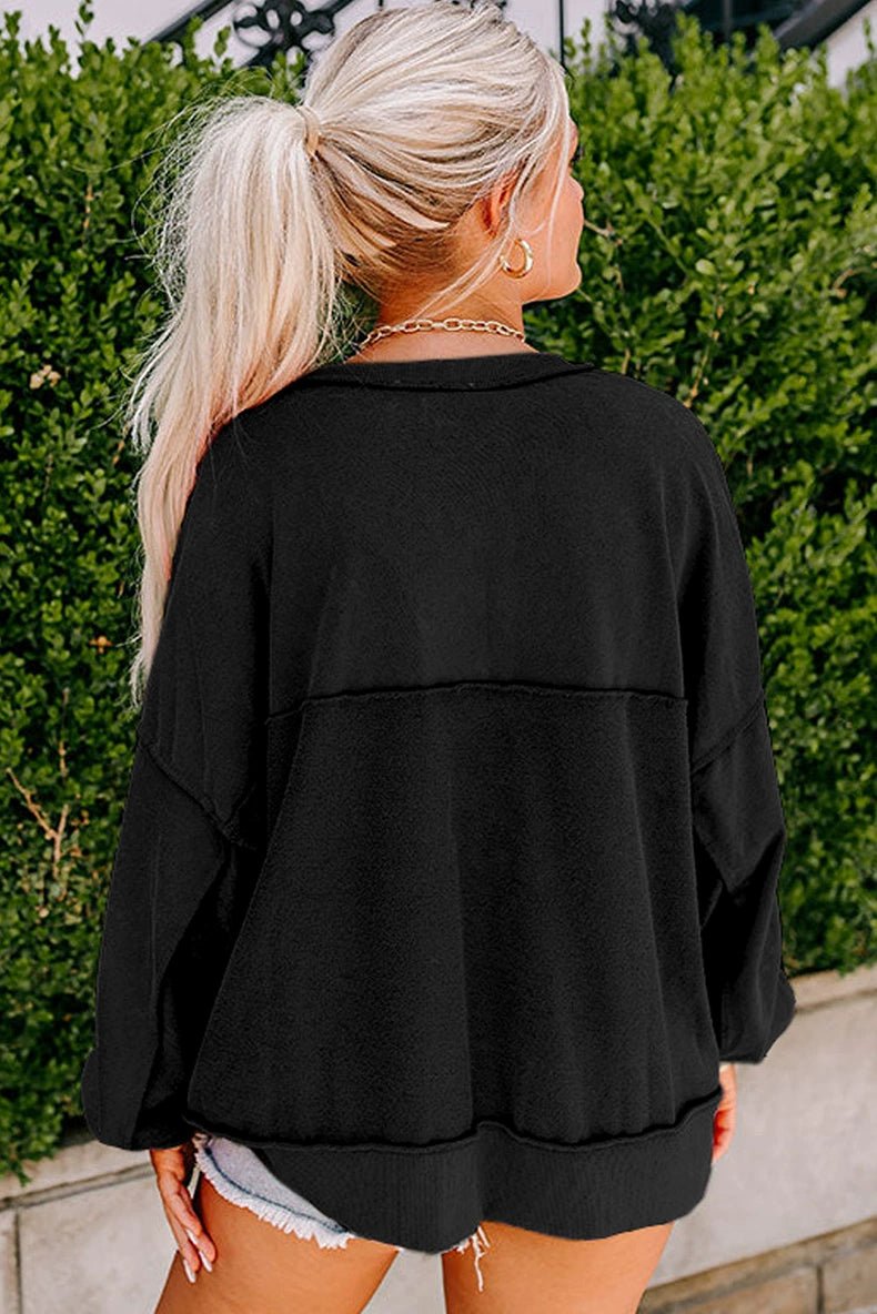 Fall New Arrival Pure Color Outer Stitching Button Sweatshirt Women 2024 European and American Leisure Easiest for Match Loose V Neck Pullover Women - Kaiju Mafia