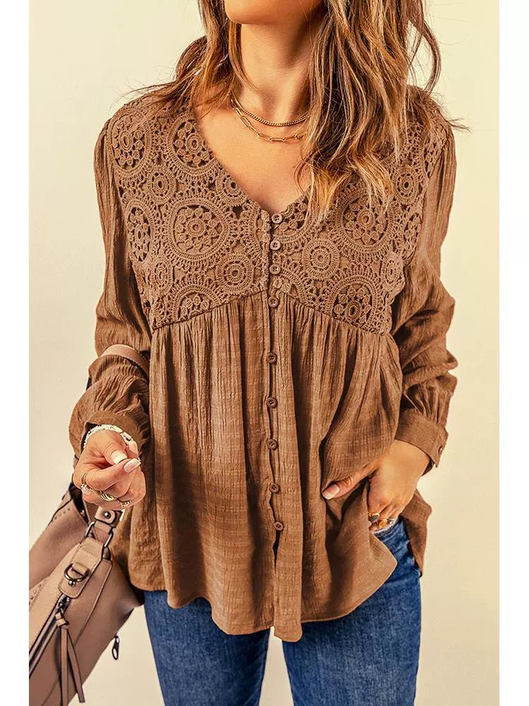 Fall 2024 New Brown Lace Crochet Shirt Women Fashion Style Fashion Button V Neck Little - Girl Style Clothes Tops Women - Kaiju Mafia