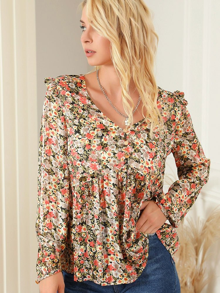 2024 Fall V Neck Floral Print Long Sleeve Pullover Shirt - Slimming Tops Women - Kaiju Mafia