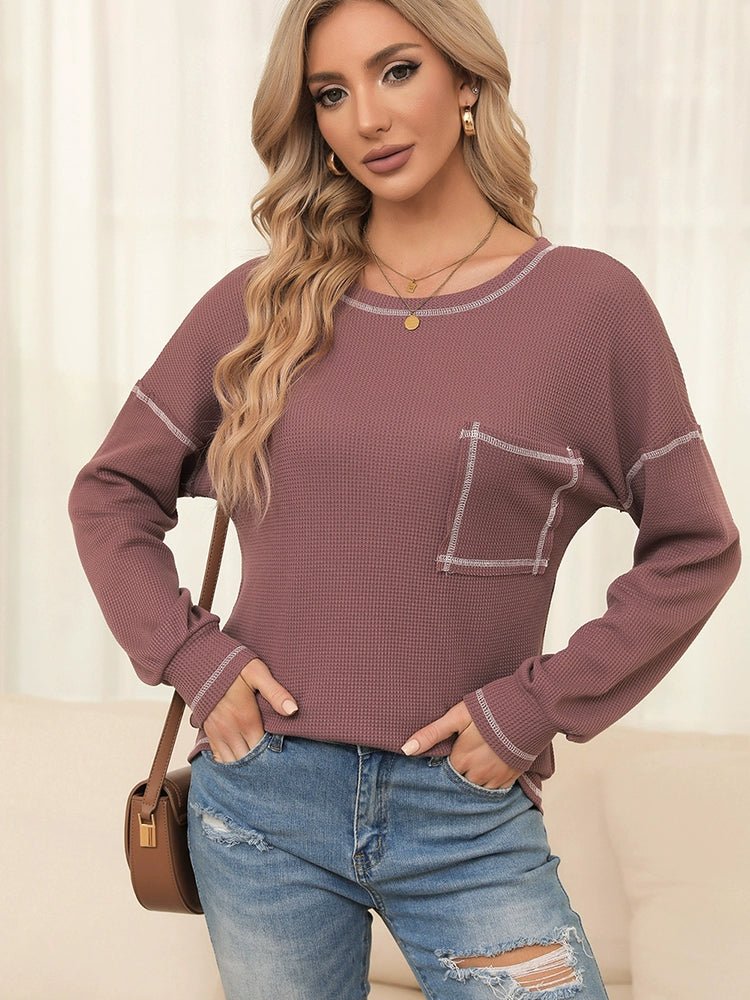 Spring New Arrival Pure Color Waffle Knitting T-shirt Female European and American Leisure Wind Pullover round Neck Long Sleeve Top Female - Kaiju Mafia