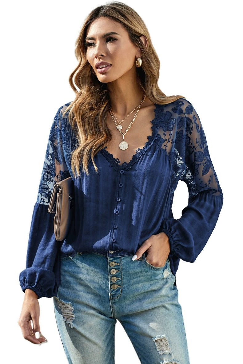 Fashion V Neck Chiffon Shirt Loose Long Sleeves Pullover Lace - Kaiju Mafia