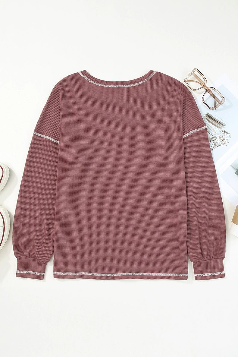 Spring New Arrival Pure Color Waffle Knitting T-shirt Female European and American Leisure Wind Pullover round Neck Long Sleeve Top Female - Kaiju Mafia